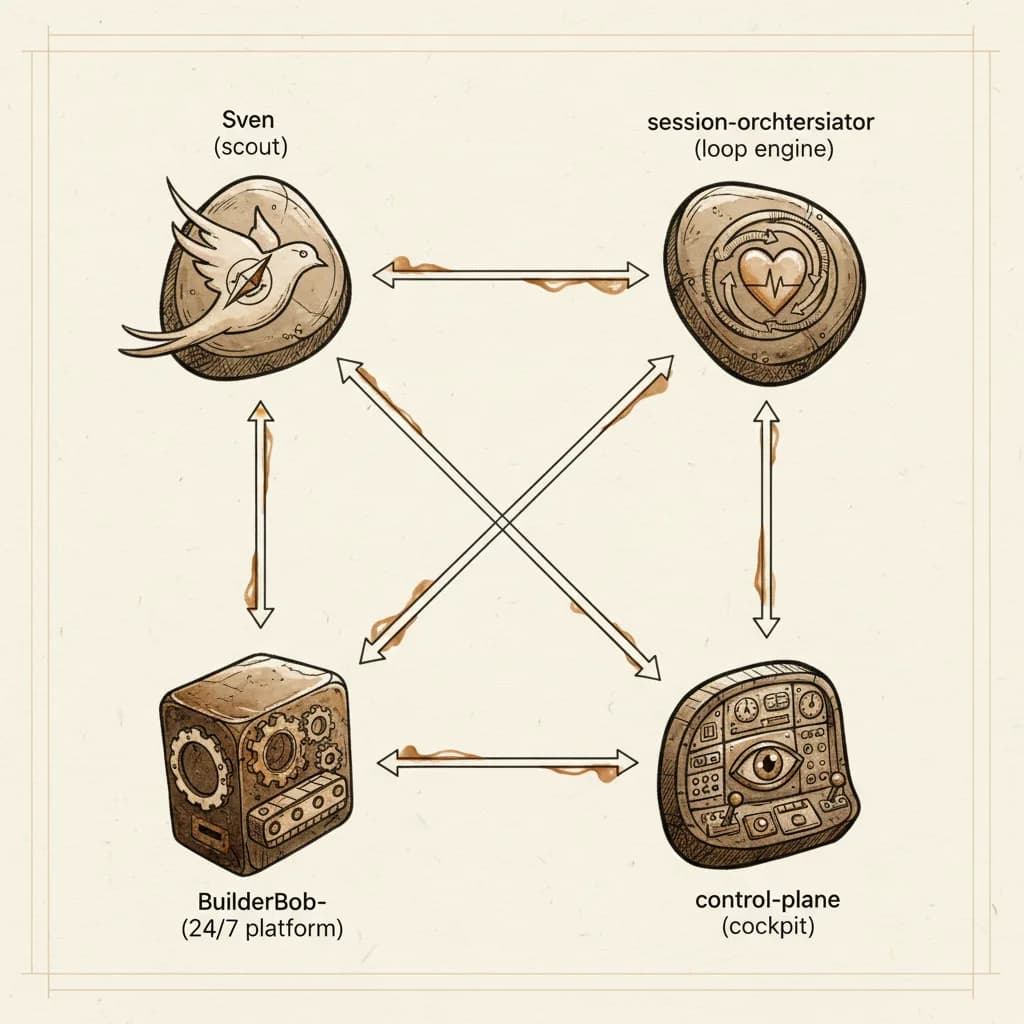 Abstrakte Tusche-Illustration autonomer Agenten als Knotenpunkte in einem gerichteten Netz mit klaren Verbindungslinien, Sepia- und Bernsteintöne auf Off-White-Hintergrund