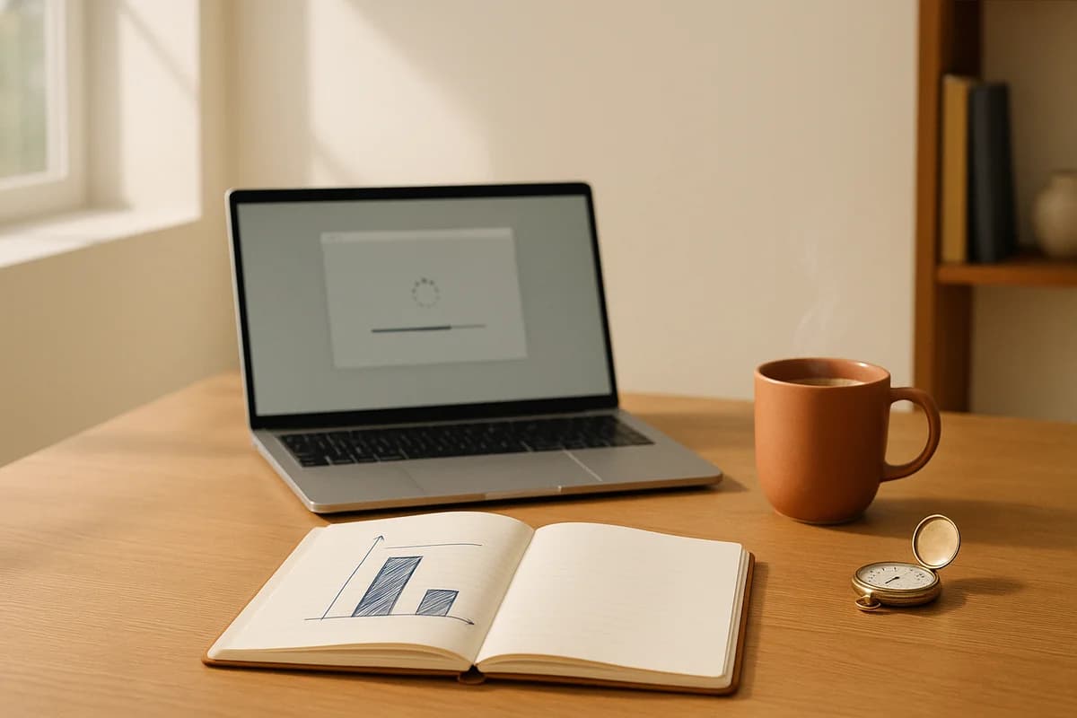 Heller Holzschreibtisch im Tageslicht: ein Laptop mit hängendem Lade-Spinner, eine offene Brass-Taschenuhr, ein dampfender Terracotta-Becher und ein Notizbuch mit unfertiger Diagramm-Skizze