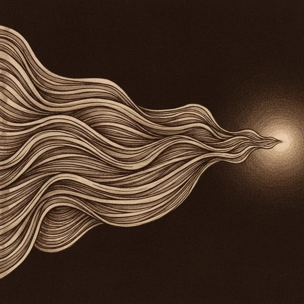 Abstrakte Tuschezeichnung mehrerer koordinierter Wellen und paralleler Bahnen, die zu einem Punkt zusammenlaufen, in Sepia- und Bernsteintönen