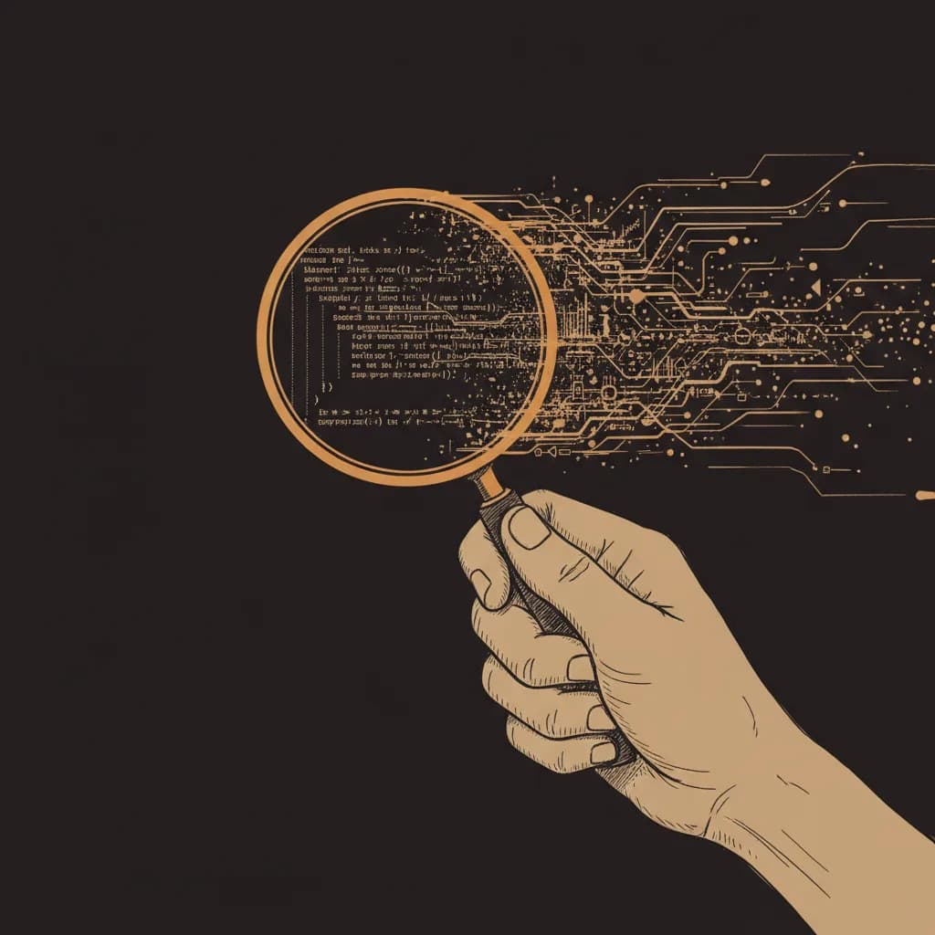 Eine Hand mit Lupe prüft fließenden Code vor dunklem Hintergrund, sepia-amber Tuschezeichnung