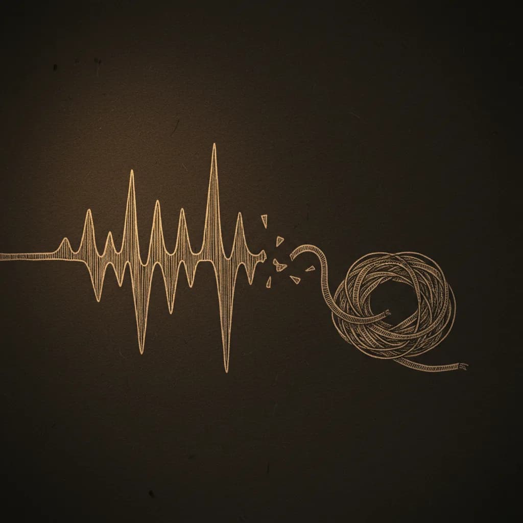 Dunkle Sepia-Tafel mit amber Tinten-Skizze: eine Audio-Wellenform kippt nach rechts in ein sich wiederholendes Endlosband, beschriftet mit "Vielen Dank"